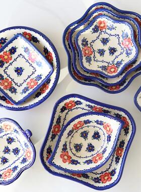 七折特惠正品波兰手绘陶瓷蓝红花汤菜碗花朵碗沙拉碗面碗欧式U072