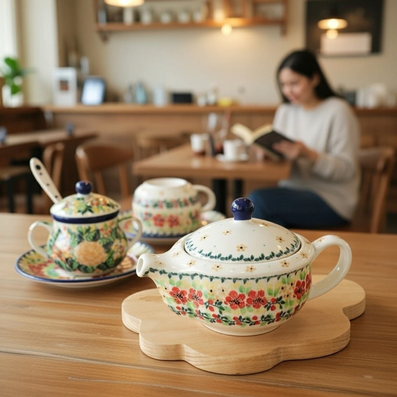 波兰进口手绘陶瓷带盖汤面碗炒菜盘泡茶壶水果零食碗喝水杯 2363X