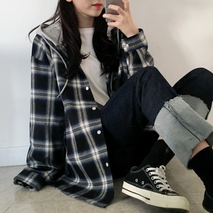 2020 spring and autumn new pattern chic Plaid Shirt Easy bf Long sleeve shirt student Hooded coatin the Women's clothing/Boutique , Shirt  category - from Buy2taobao.com to provide professional Taobao agent buy service