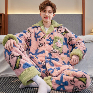2025翻领法兰绒睡衣男冬季加厚加绒保暖秋冬款卡通冬天家居服套装
