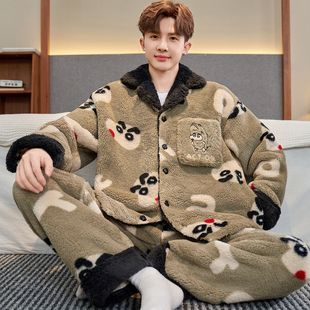 2025翻领法兰绒睡衣男冬季加厚加绒保暖秋冬款卡通冬天家居服套装