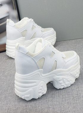 网面透气12CM内增高厚底老爹鞋2025春季小个子10cm软底白色休闲鞋