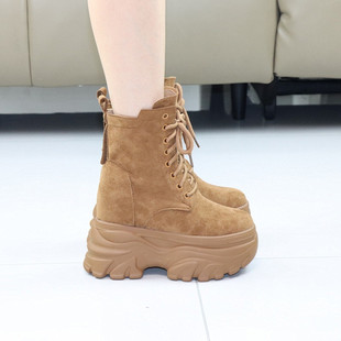 内增高12CM马丁靴女秋冬新款 加绒保暖西部靴小个子10cm短靴大黄靴