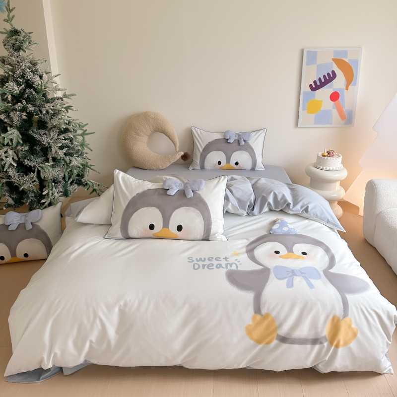 2025款可爱卡通水洗棉四件套纯棉全棉企鹅被套床单床上用品三件套