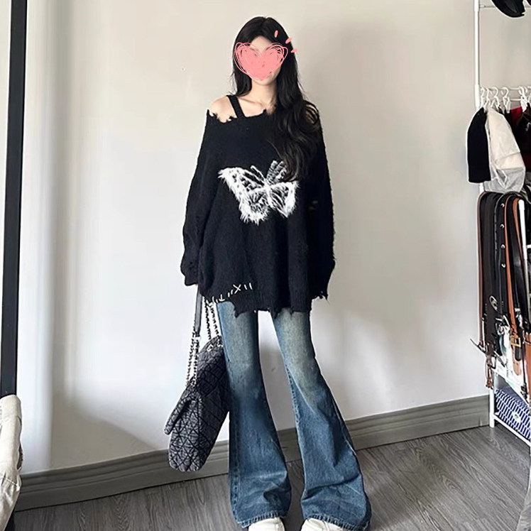 黑色露肩蝴蝶结毛衣女早秋季2025年新款慵懒风宽松破洞针织衫上衣
