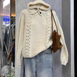 秋冬新款 设计感人工勾花粗棒针织毛衣可拆卸帽子针织套头毛衣上衣