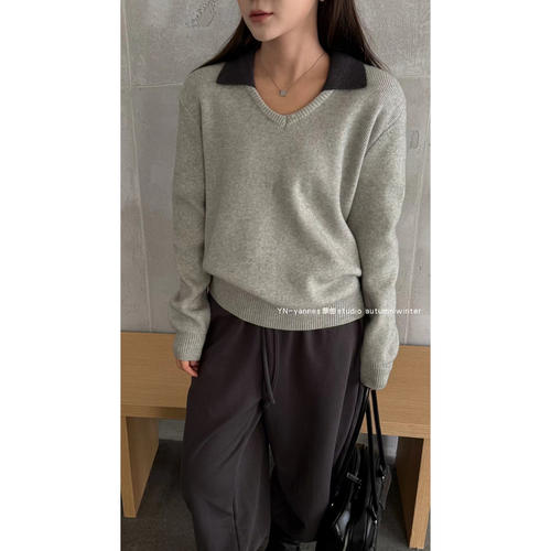 宽松外穿假两件polo领针织毛衣