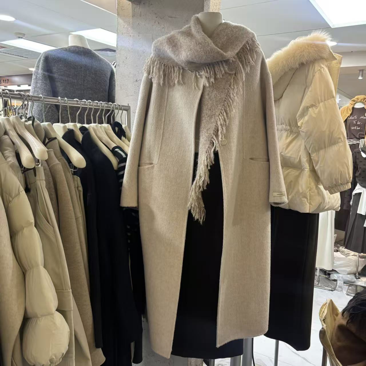 流苏披肩双面羊毛大衣中长款外套