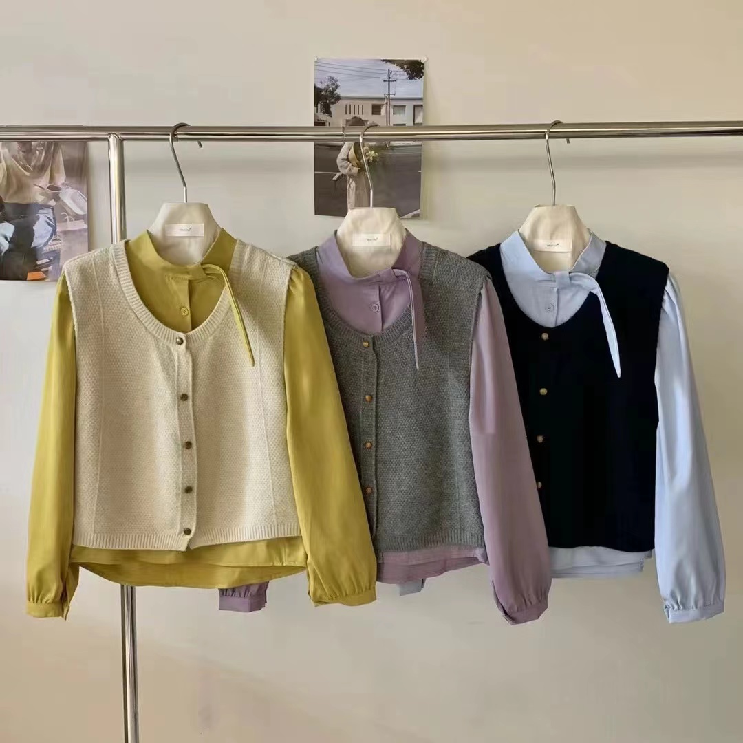 坎肩背心马甲叠穿长袖衬衫两件套