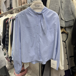 小个子职业通勤气质泡泡袖 法式 女秋季 衬衫 上衣 高级感蓝色领结长袖