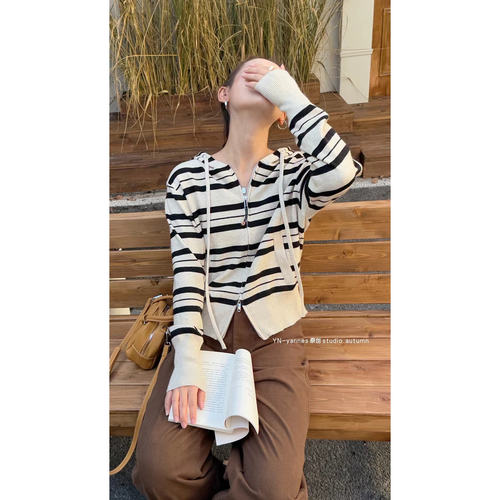 条纹长袖设计感双拉链针织开衫