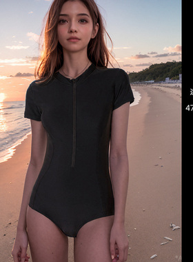 黑色三角女游泳衣运动专业学生大码速干显瘦连体短袖遮手臂微胖MM