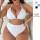 黑白色欧美高腰大码 比基尼性感辣妹V领分体泳衣女200斤泡温泉冬季