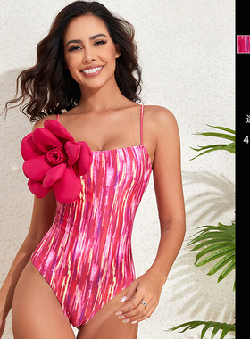 INS风粉红色吊带立体花朵泳衣大码胖mm度假拍照连体泳装女夏温泉