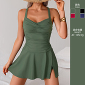 欧美大码 泡温泉锦纶 女士绝美游泳衣分体平角保守风高级感显瘦泳装