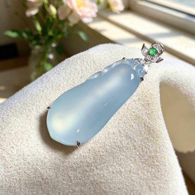 掌中翠缅甸天然翡翠高冰种起胶福瓜18k金镶嵌挂件吊坠 0294