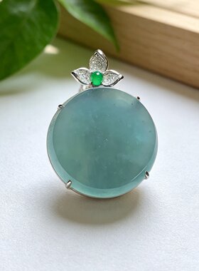 A货翡翠蓝钢雪花棉平安圆牌吊坠