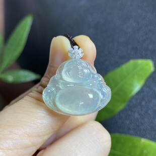 0921 缅甸天然翡翠冰种浅绿饱满笑脸佛18k金镶嵌玉石吊坠
