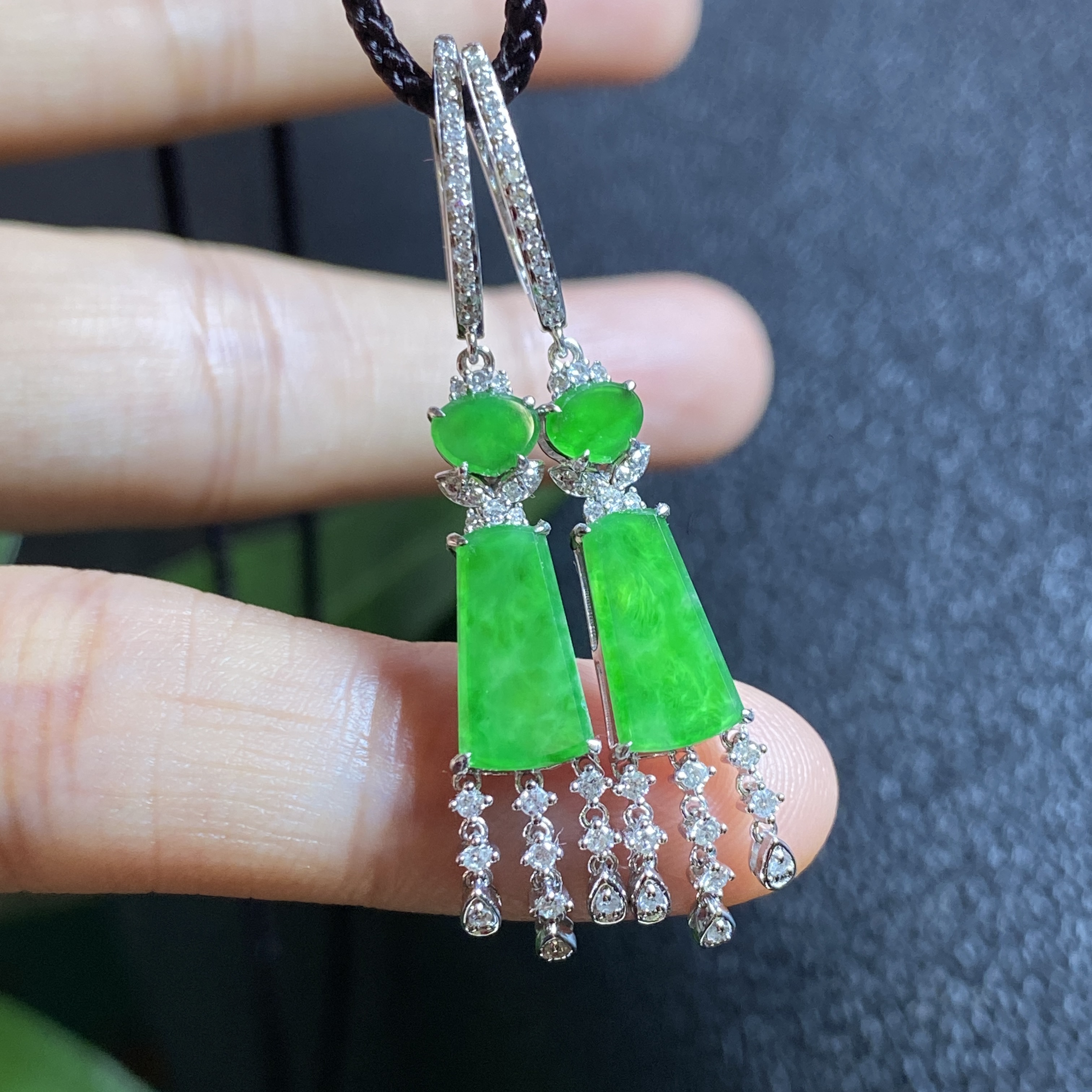 掌中翠缅甸天然翡翠A货冰种满绿色无事牌耳环18K金女款耳坠 0404