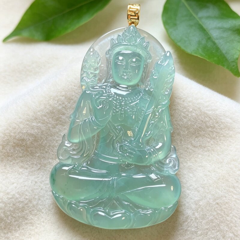 翡翠冰种晴绿虚空藏菩萨生肖牛虎守护神18k金镶嵌大件吊坠 0883
