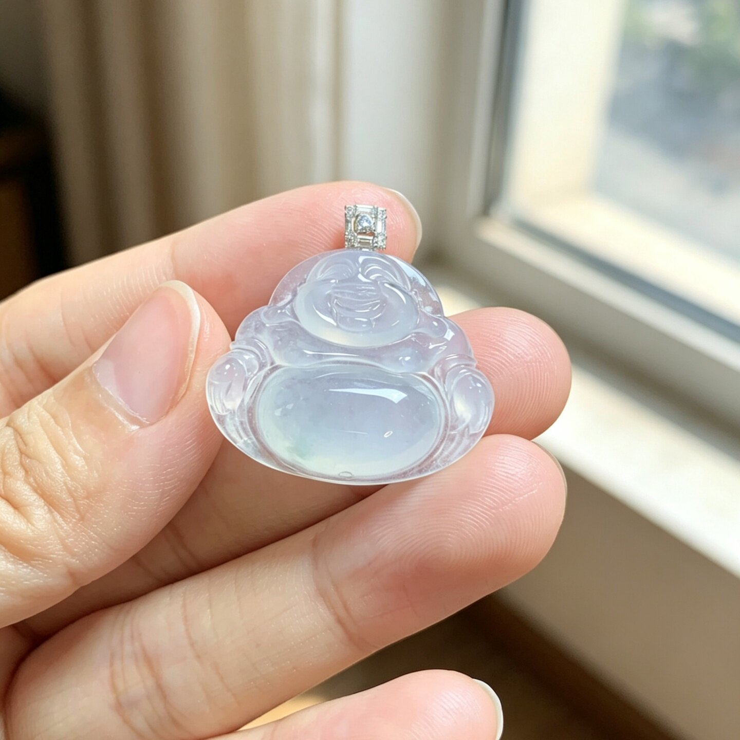 掌中翠缅甸天然翡翠A货冰种飘花笑脸佛18k金扣莫桑钻玉石吊坠0928