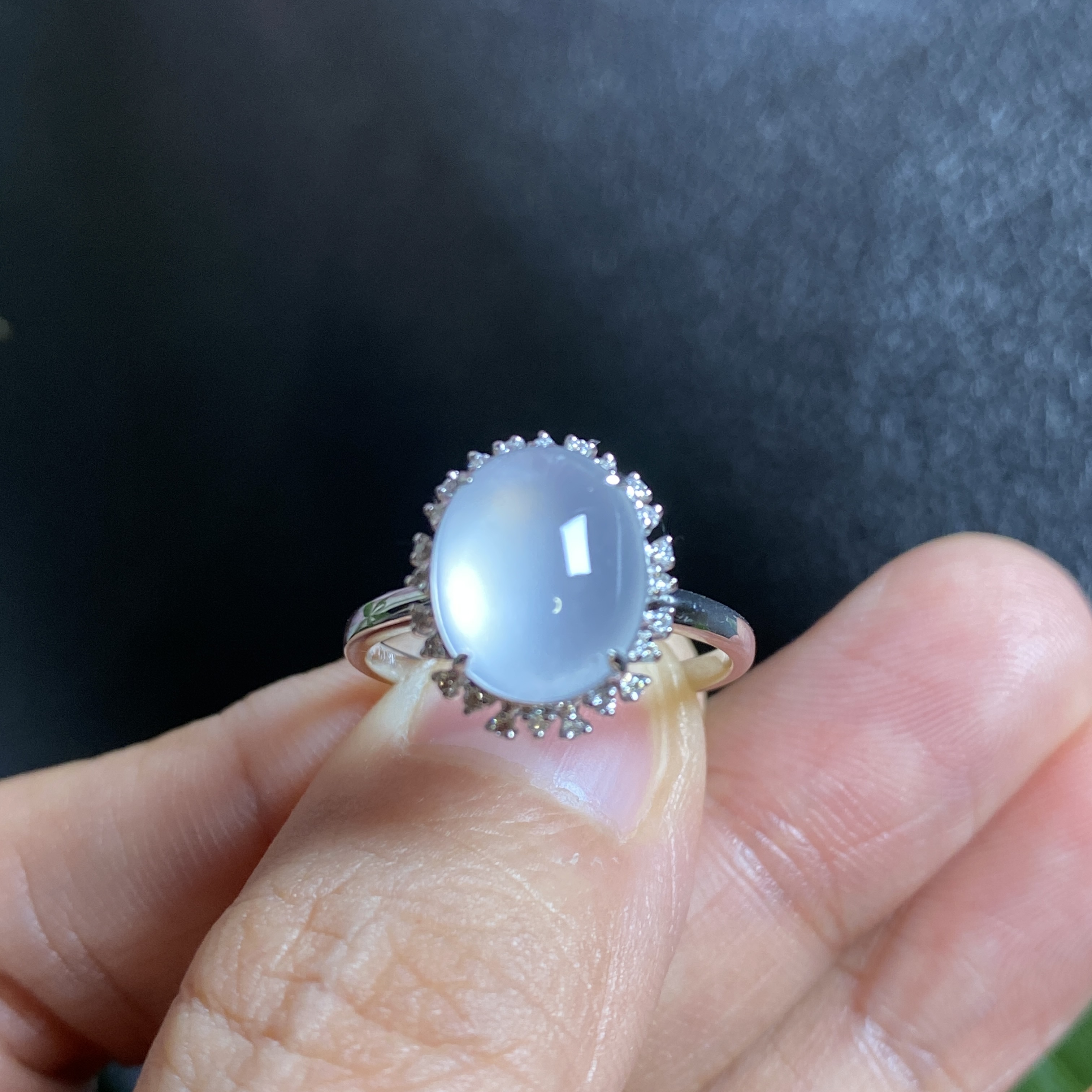 掌中翠翡翠A货高冰种起胶纯白色白月光戒指18K金镶嵌女款 0146