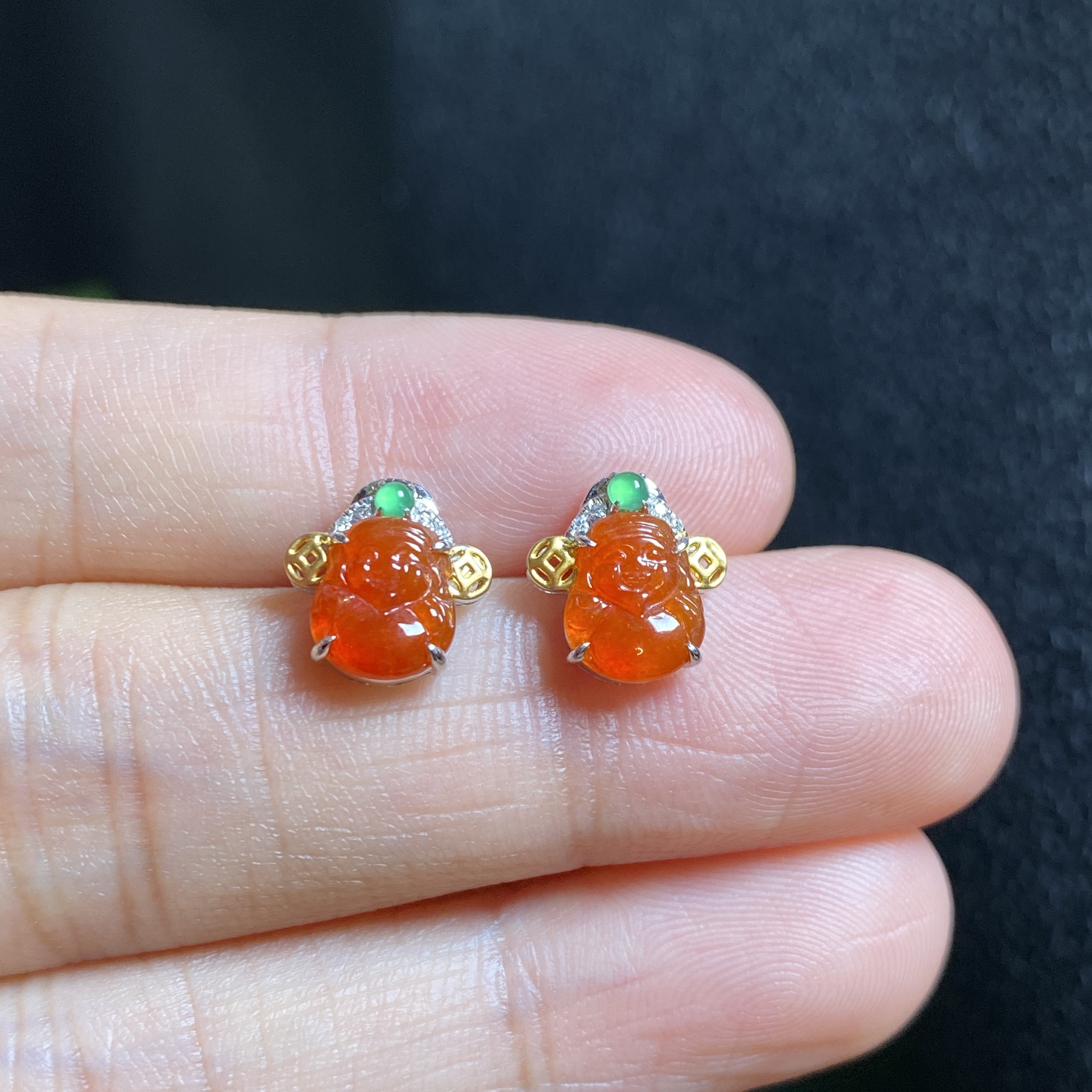 掌中翠缅甸天然翡翠A货冰种天然红翡小财神耳钉18K金女款 7863