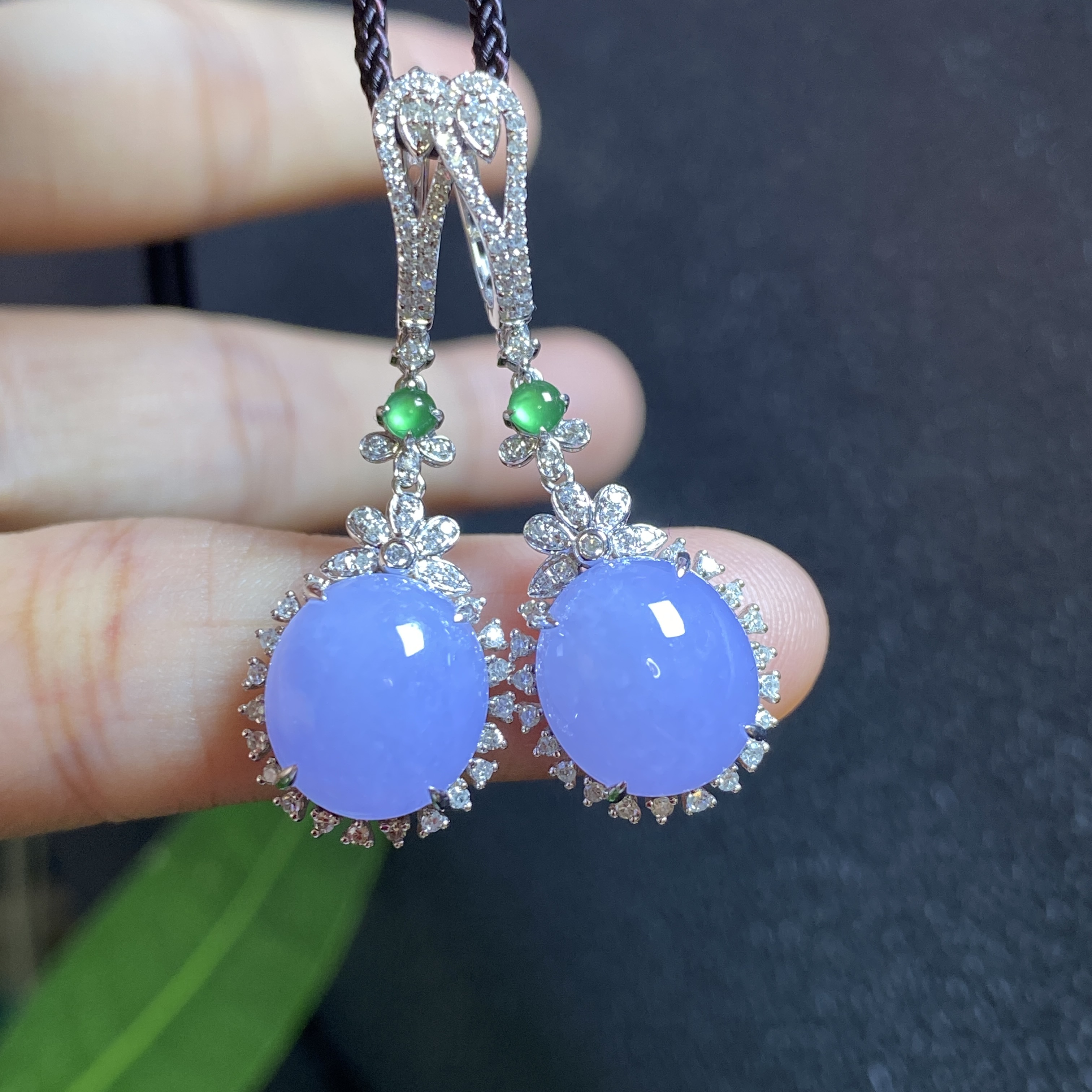 掌中翠缅甸天然翡翠A货冰种紫罗兰大蛋面耳坠18K金女款 0128