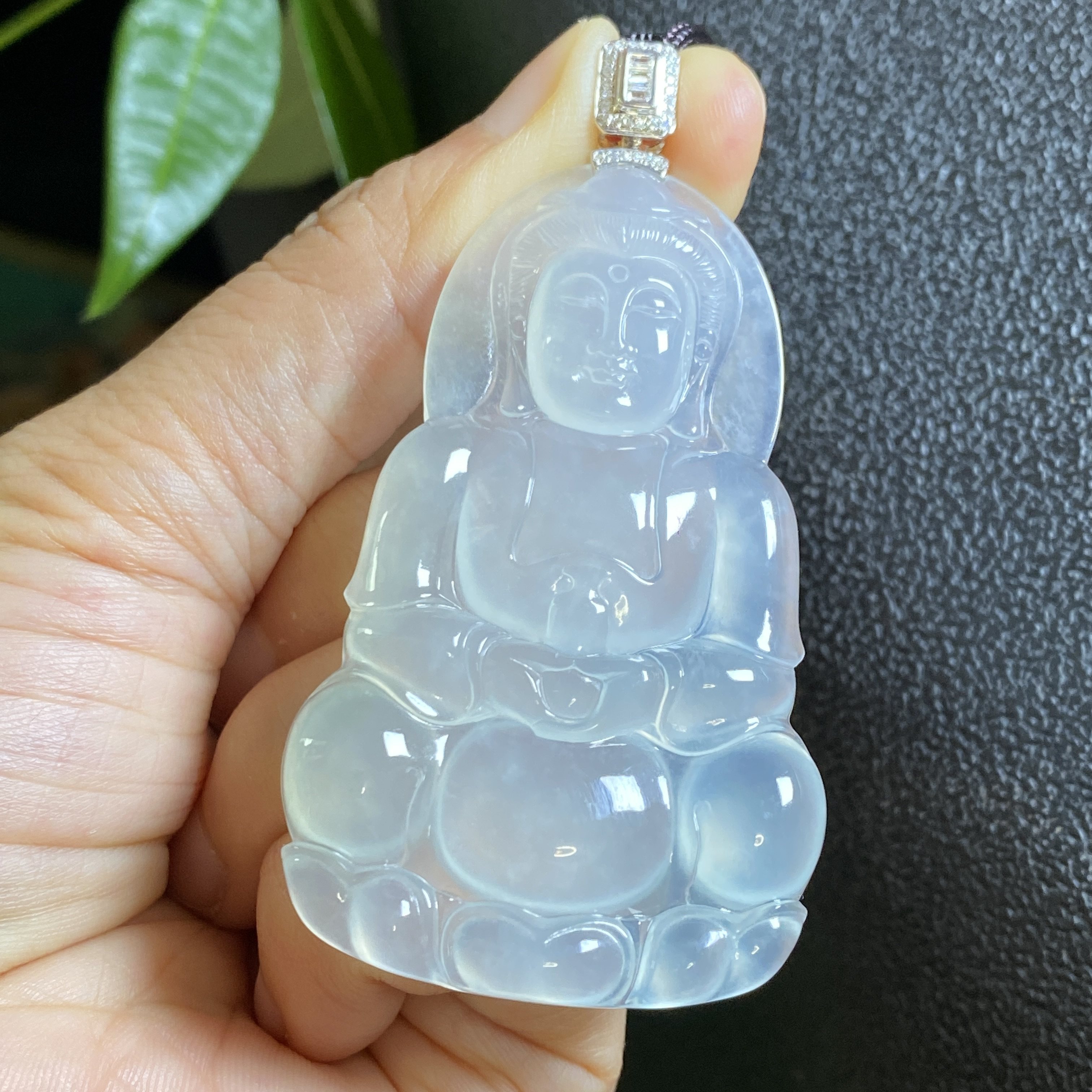 掌中翠天然翡翠高冰种大件观音吊坠挂件18k金镶嵌 0218