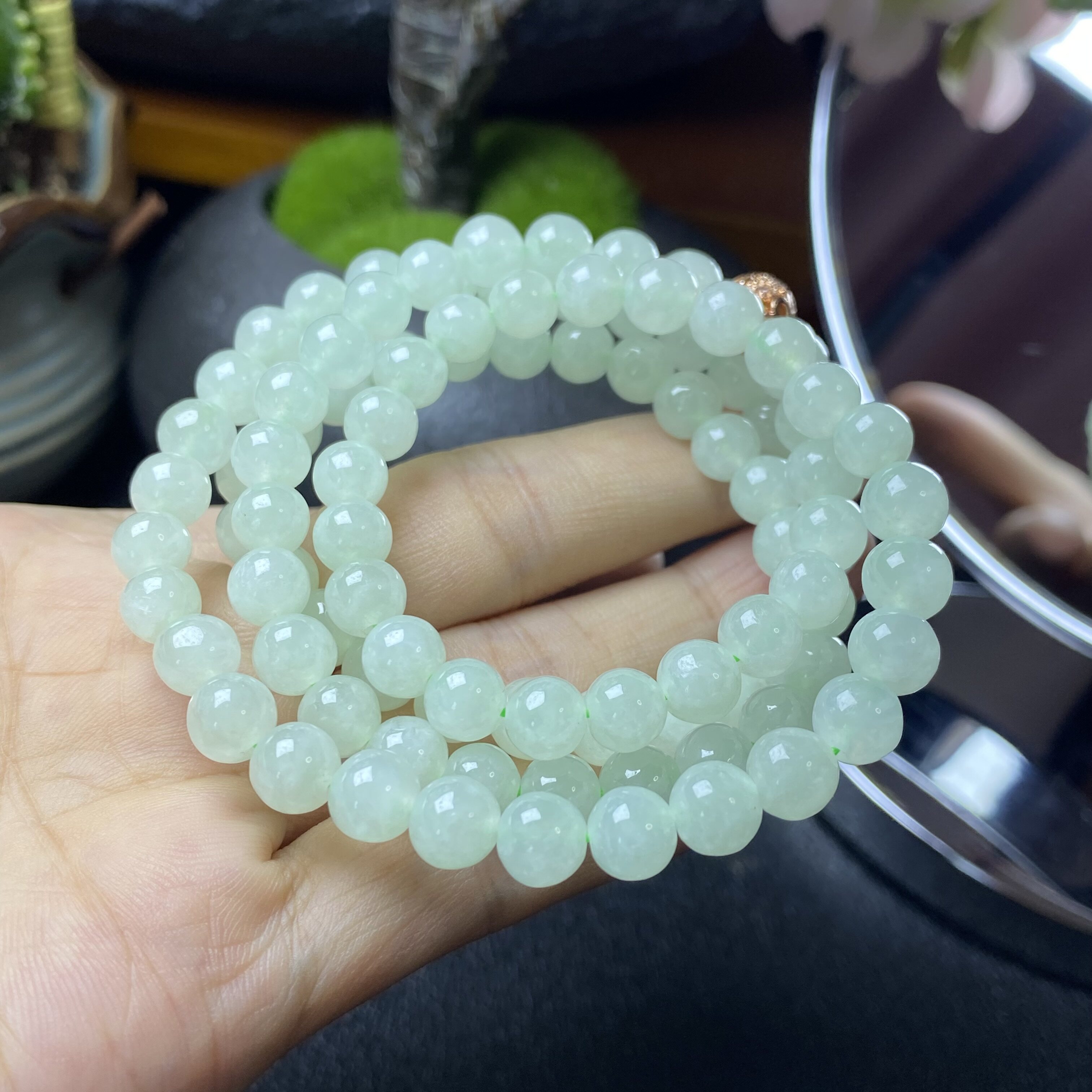 缅甸翡翠A货冰种果绿圆珠项链