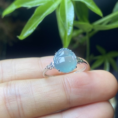 掌中翠翡翠A货冰种蓝水貔貅戒指18K金镶嵌女款 0225