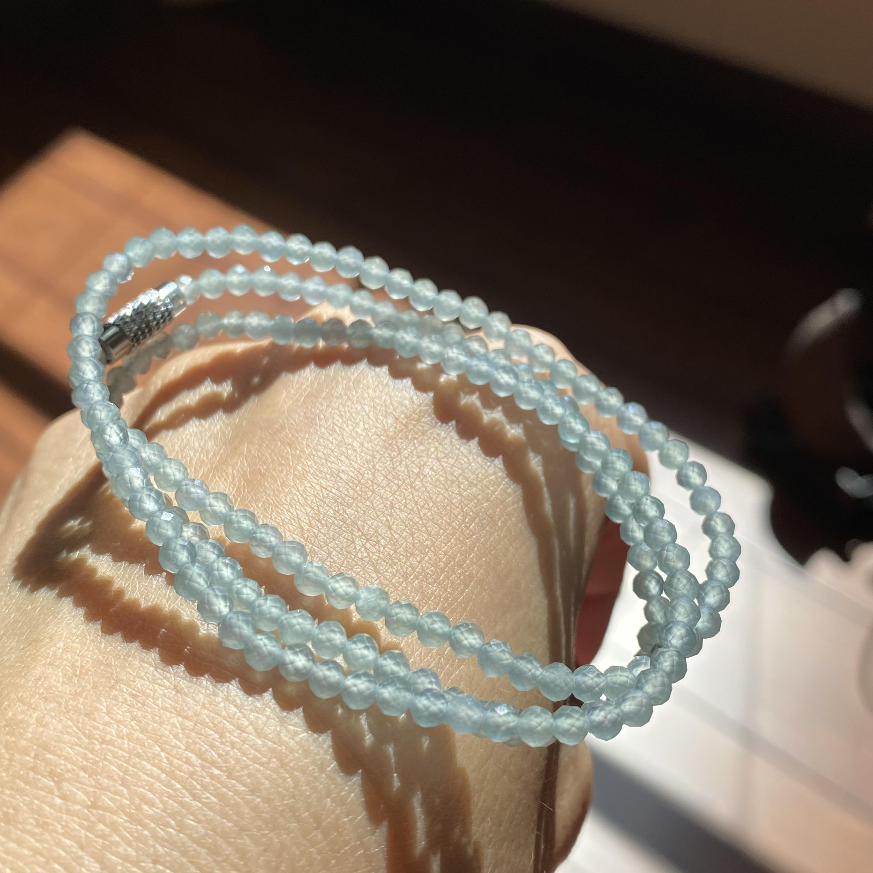 翡翠A货冰种浅蓝水切割面钻石款圆珠项链手链两用款P 3.2mm