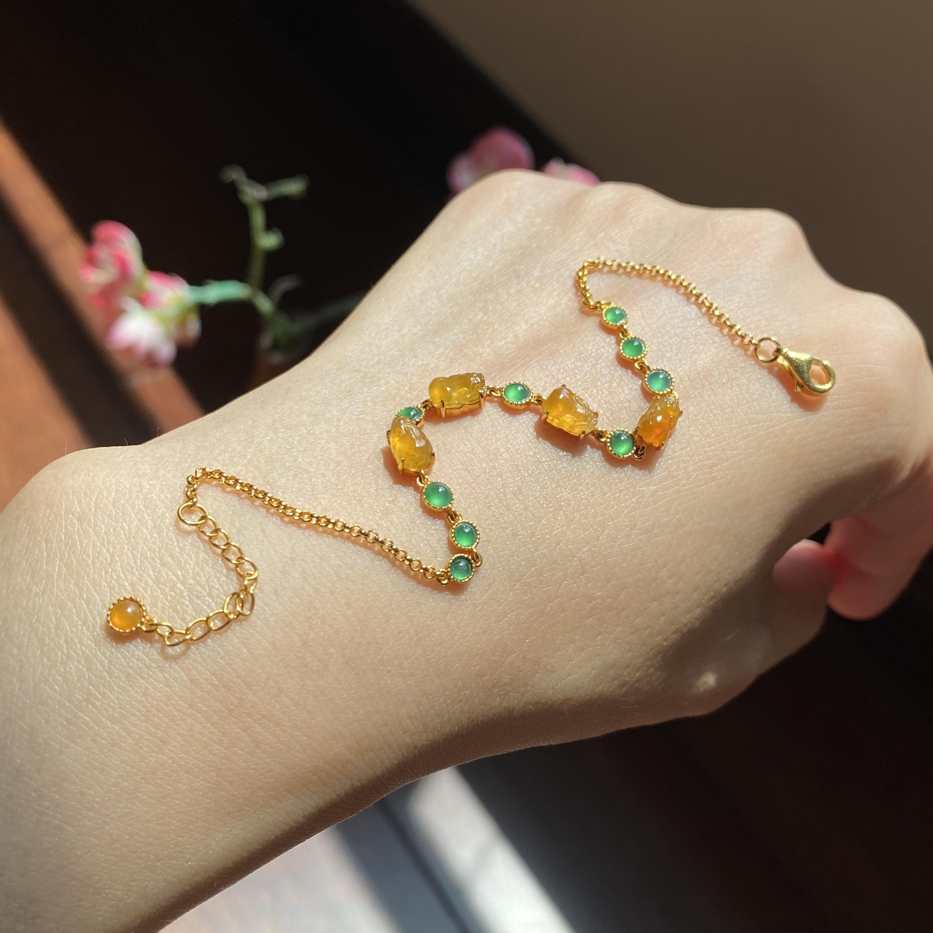 掌中翠缅甸翡翠a货18k金镶嵌冰种起胶黄翡貔貅手链 0445