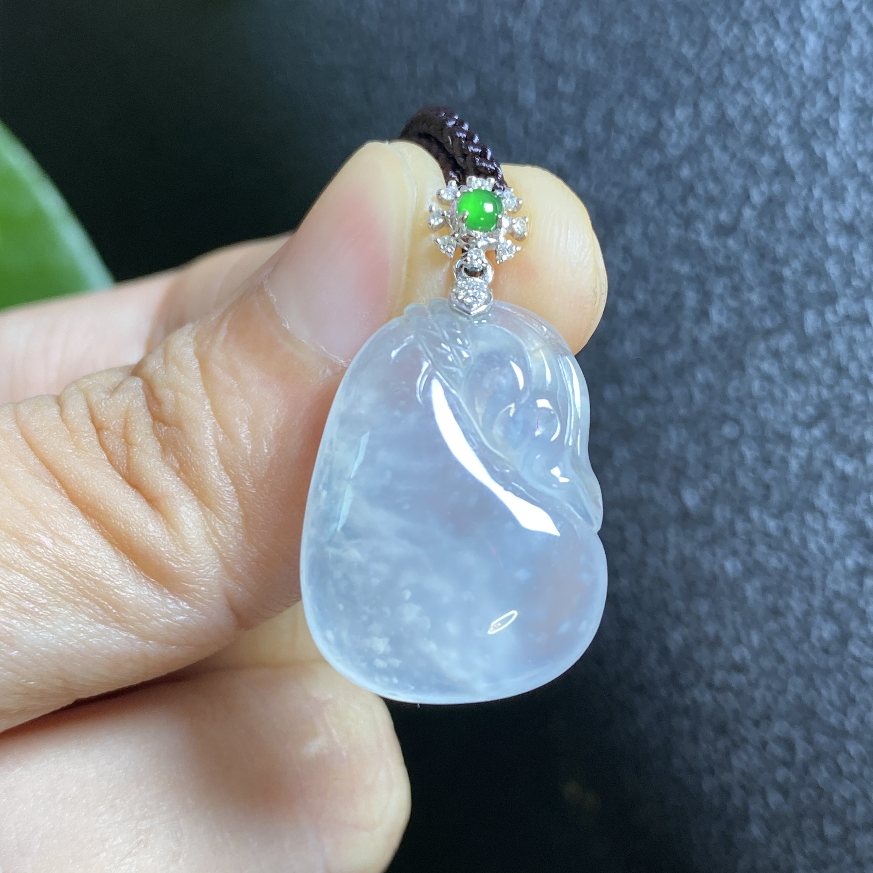 天然翡翠高冰种起胶木纳雪花棉饱满胖福瓜吊坠18k金镶嵌 0108