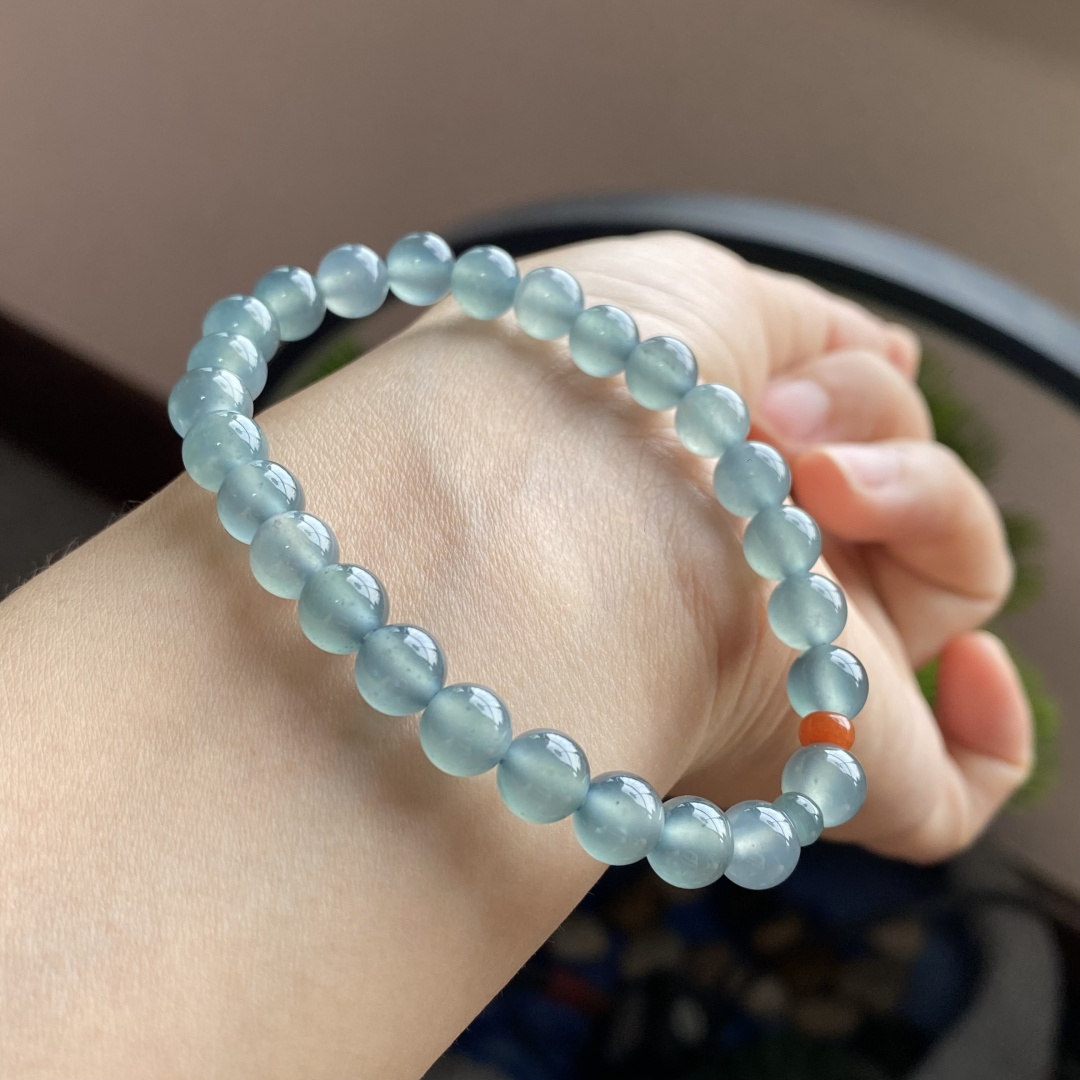 掌中翠天然翡翠A货冰种蓝钢起胶圆珠手链手串 7mm 0018