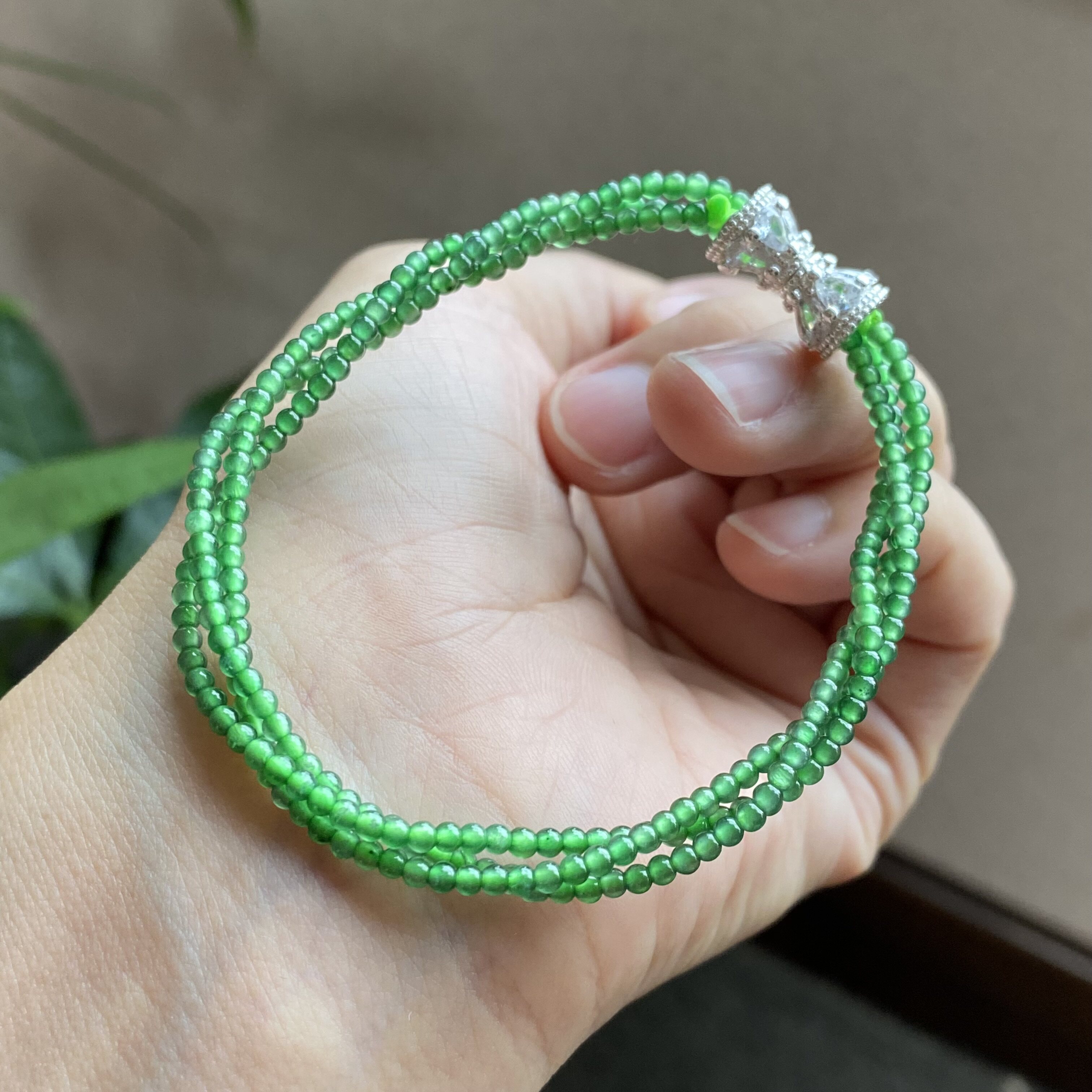 冰种翡翠A货小米珠多圈辣绿色麻花女款3圈手链满绿手串0098 2mm