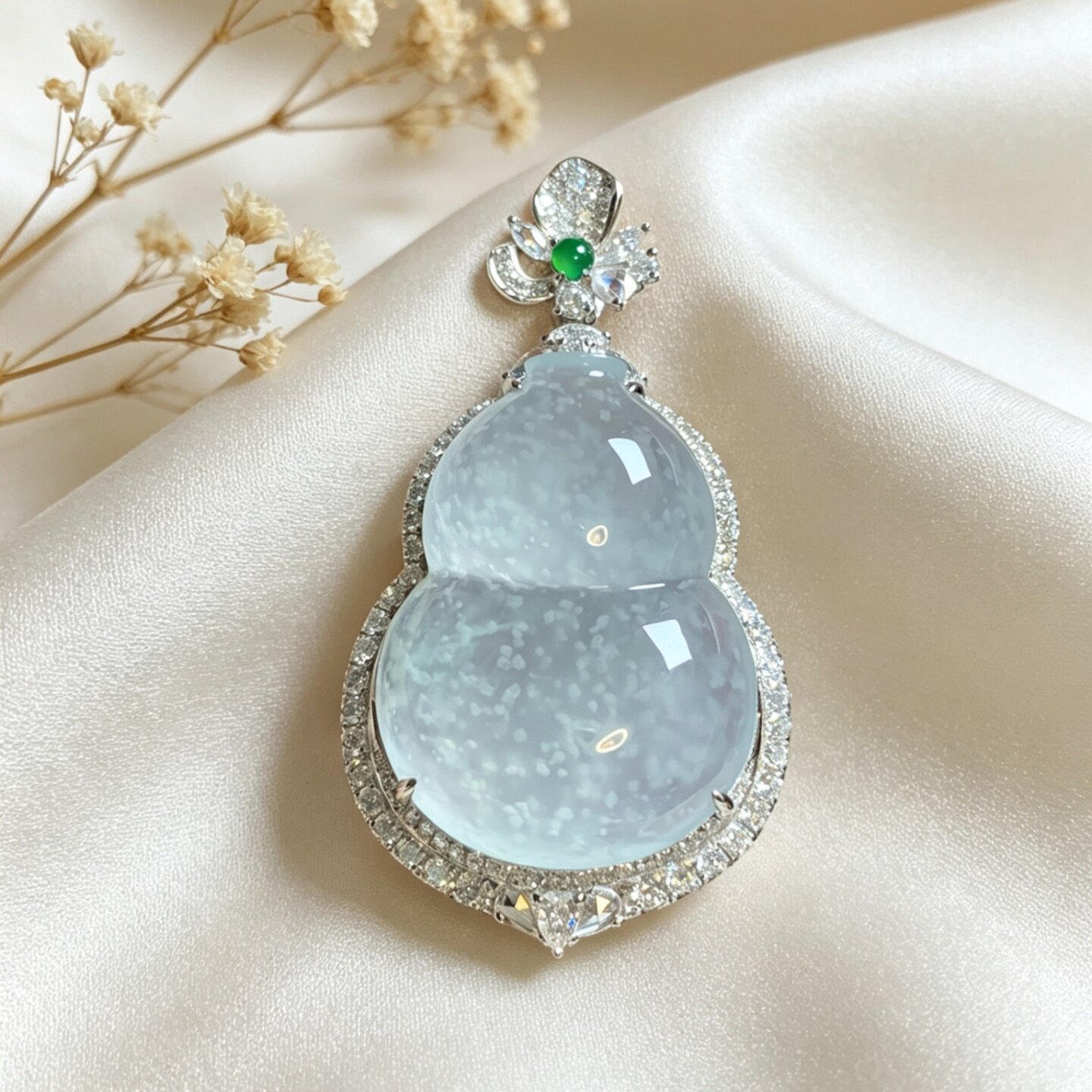 掌中翠天然翡翠高冰种木纳雪花棉大件饱满葫芦吊坠18k金镶嵌 0055