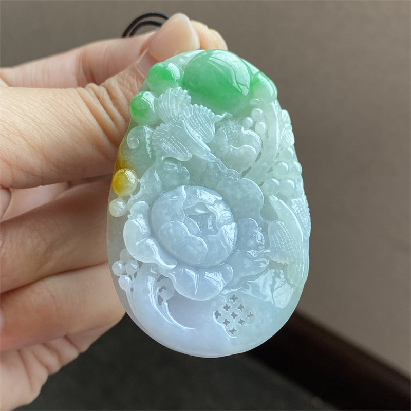 缅甸翡翠A货三彩花鸟吊坠