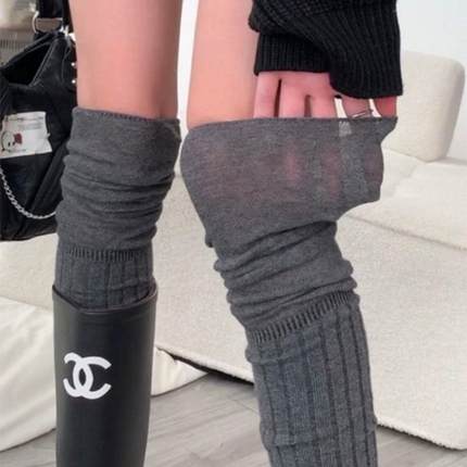 灰色配靴子穿的长筒袜子女堆堆袜纯棉显瘦过膝长袜防滑大腿高筒袜