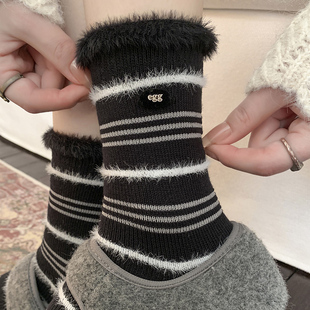 egg纽扣韩系水貂绒袜子女秋冬中筒袜黑色条纹2025新款 堆堆袜外穿