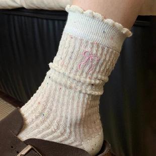 薄款 ins潮韩国东大门蝴蝶结袜子女夏季 芭蕾风纯棉白色花边堆堆袜