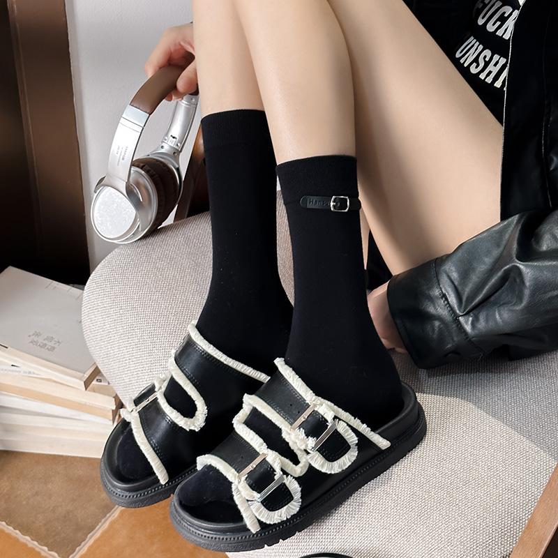 黑色袜子女2024新款爆款皮扣
