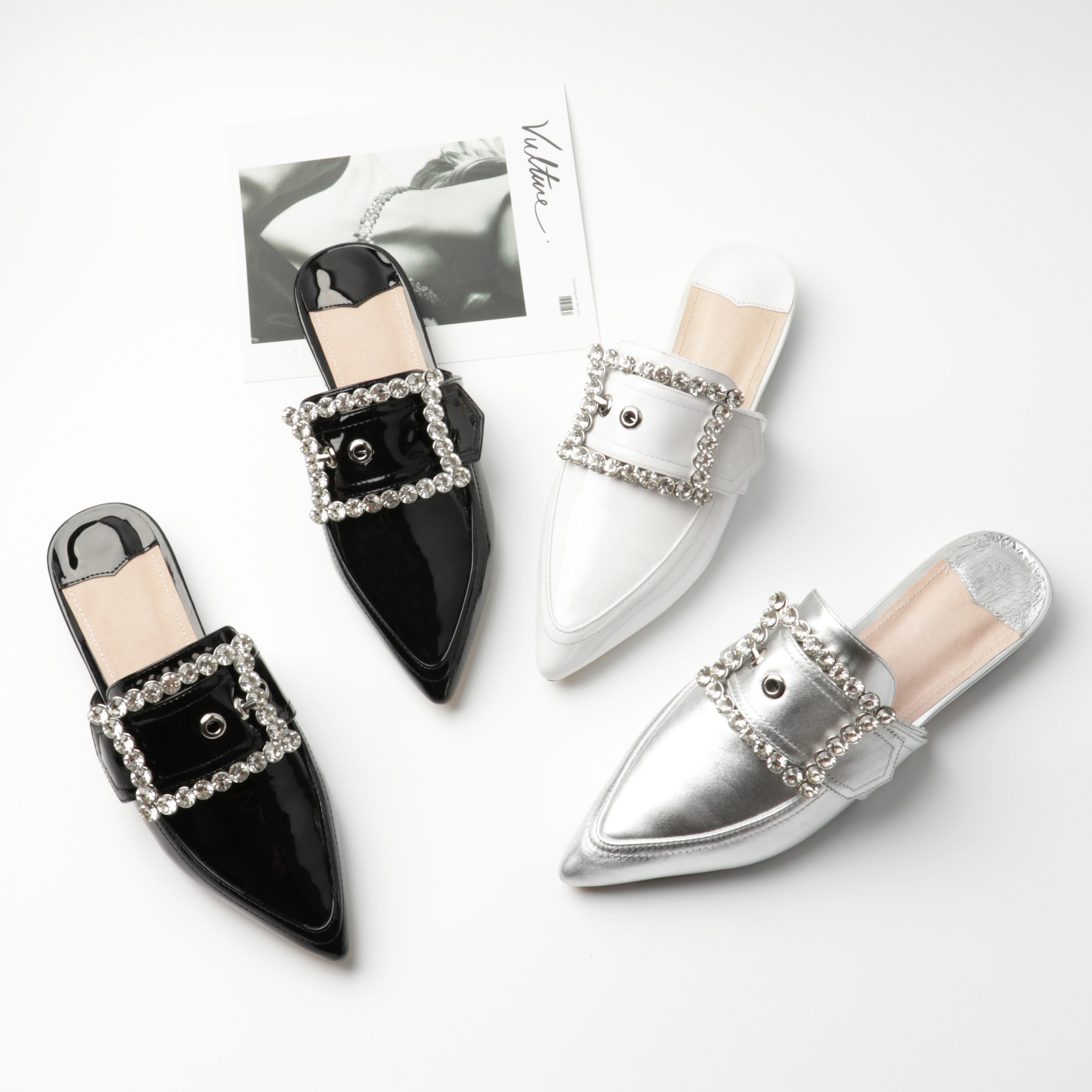 2017欧美夏新款包头真皮黑色凉拖鞋女尖头平底水钻女懒人半拖单鞋