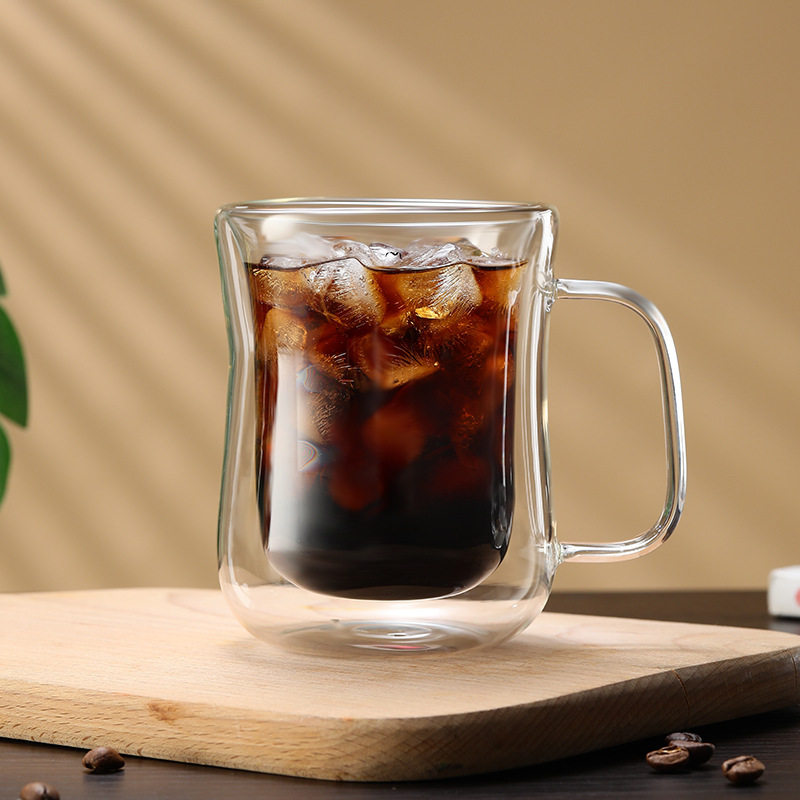 厂家高硼硅玻璃杯创意窈窕双层把杯马克杯透明果汁隔热咖啡杯