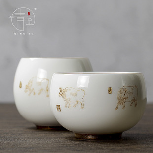 羊脂玉瓷五牛图雕刻描金主人杯大号单茗杯茶盏个人功夫茶杯刻字