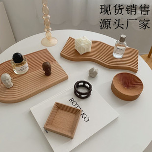 北波纹香薰轻奢玄关木质咖啡面包托盘榉木美食摄影拍照道具