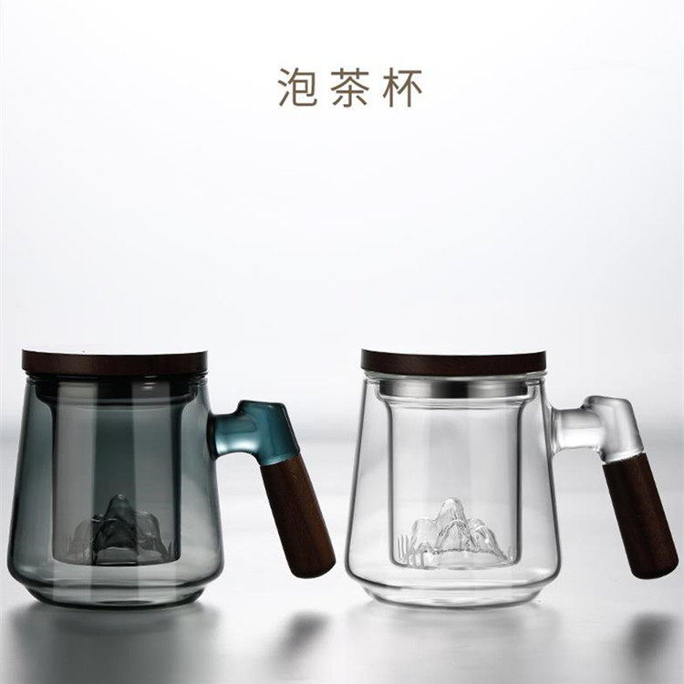 透明木把三件杯玻璃杯高硼硅大容量家用彩色带把手观山茶具水杯