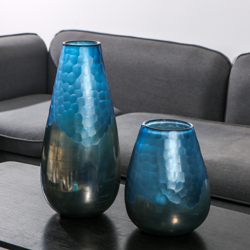 北欧简约蓝色鱼鳞纹水培玻璃花瓶创意家居样板间装饰彩色插花器