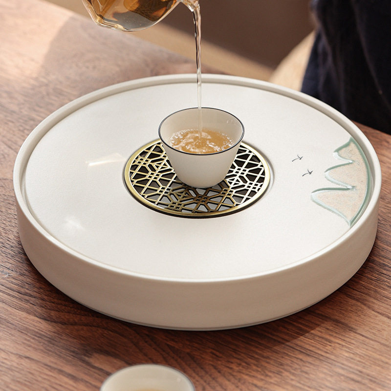 手绘圆形陶瓷茶盘家用会客简约储水功夫茶具干泡茶托盘小茶台