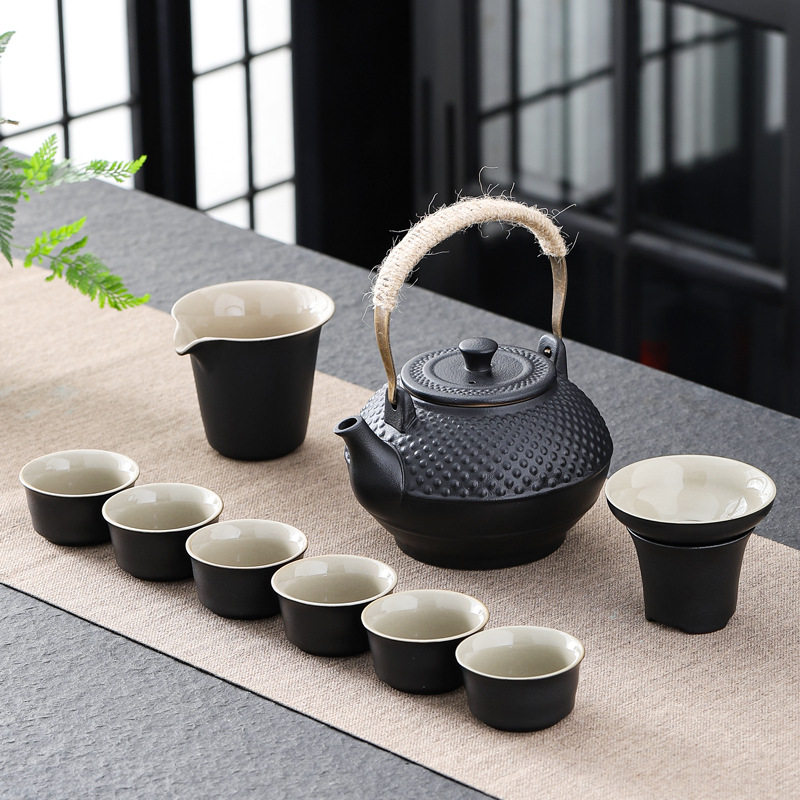 岩山日式黑陶提梁壶10头茶具围炉温茶器复古煮茶便携式泡茶壶